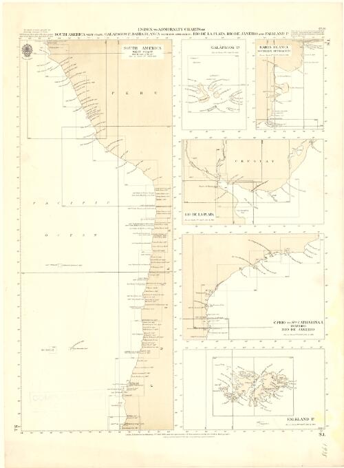 Index to Admiralty charts of South America west coast, Galapagos Is., Bahia Blanca southern approaches, Rio de la Plata, Rio de Janeiro and Falkland Is. [cartographic material] / Hydrographic Office