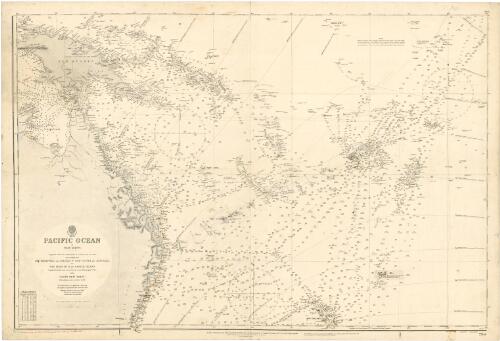 Pacific Ocean in four sheets [cartographic material] : comprised between the parallels of 37° north and 37° south and extending from the Philippine and Celebes Is., New Guinea and Australia, to San Francisco and Easter Island : compiled from the most recent surveys in the Hydrographic Office, 1875 : with additions and corrections to 1937. South west sheet / Hydrographic Office
