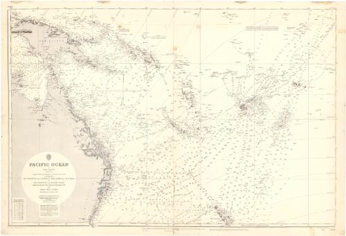 Pacific Ocean in four sheets [cartographic material] : comprised between the parallels of 37° north and 37° south and extending from the Philippine and Celebes Is., New Guinea and Australia, to San Francisco and Easter Island : compiled from the most recent surveys in the Hydrographic Office, 1875 : with additions and corrections to 1932. South west sheet / Hydrographic Office