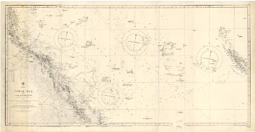 Coral Sea and Great Barrier Reefs, Australia [cartographic material] : shewing the inner and outer routes to Torres Strait. Sheet 1 / compiled chiefly from the surveys of Captains Flinders, King, Blackwood, Stanley, Yule & Denham R.N. 1802-60 ; with additions from Admiralty surveys in progress to 1888 ; New Caledonia from French Government surveys, 1856-79 ; Hydrographic Office