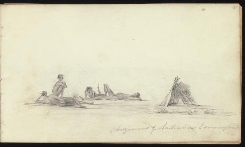 Aboriginal Australians in their camp, Darling Downs, Queensland, approximately 1845 / Thomas Domville Taylor