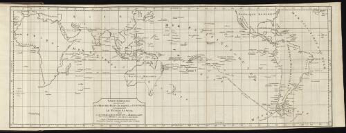Carte générale qui répresente les mers des Indes, Pacifique, et Atlantique, et principalement le monde Austral, divisé en Australasie, Polynésie et Magellanie, pour servir à l'Histoire dès Terres Australes [cartographic material] / par le Sr. Robert de Vaugondy, Géog. ord. du Roi, de l'Académie royale des Sciences et Belles-Lettres de Nancy, 1756