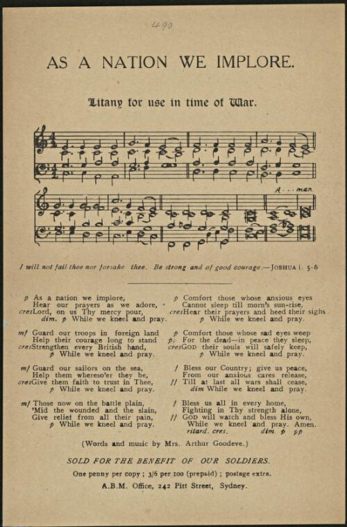 As a nation we implore [music] : litany for use in time of war / words and music by Mrs Arthur Goodeve