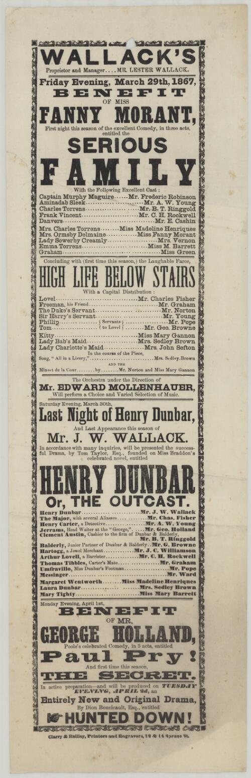 Wallack's ... March 29th, 1867 ... Serious Family ... : Saturday Evening, March 30th, Henry Dunbar, or The Outcast