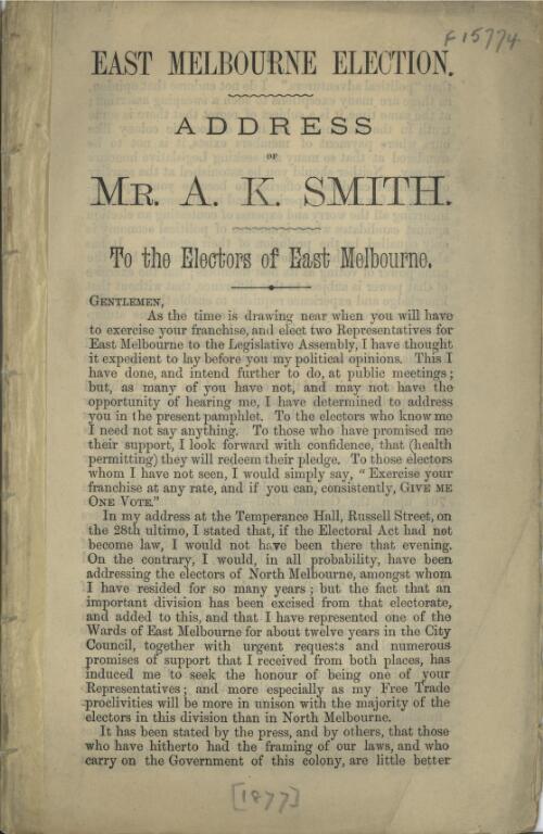 East Melbourne election : address of Mr A.K. Smith to the electors of  East Melbourne
