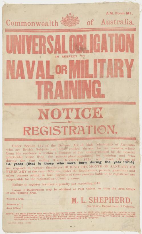 Universal obligation in respect to naval or military training : notice of registration