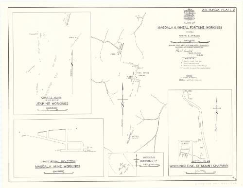 Plan of Magdala and Wheal Fortune workings [Arltunga Region, Northern Territory] [cartographic material] : showing reefs and assays / Aerial, Geological and Geophysical Survey of Northern Australia