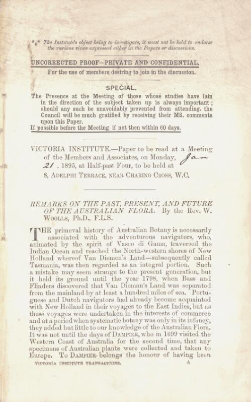 Remarks on the past, present, and future of the Australian flora / by W. Woolls