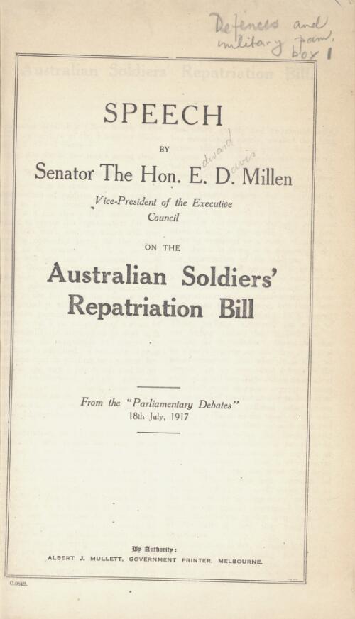 Speech by Senator the Hon. E.D. Millen ... on the Australian Soldier's Repatriation Bill