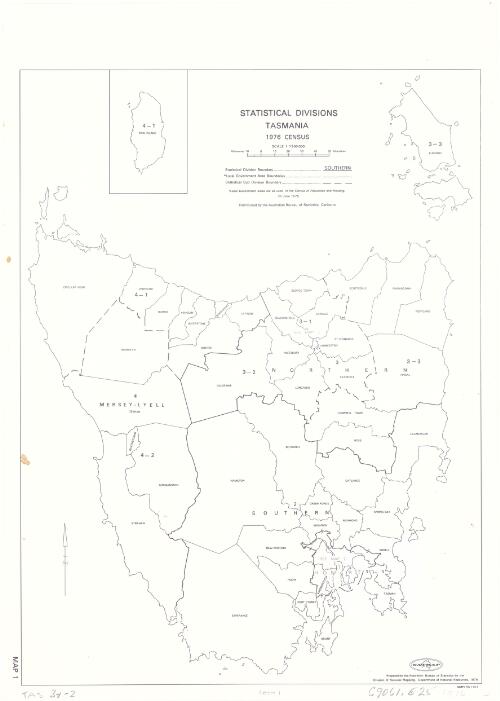 Statistical divisions Tasmania 1976 census. Map 1 [cartographic material] / prepared for the Australian Bureau of Statistics by the Division of National Mapping, Department of National Resources, 1976