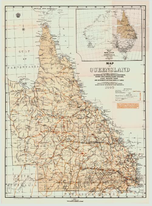 Map of Queensland : illustrating the stock routes & main roads, railway lines, principal railway stations, stock trucking yards, and government artesian bores & tanks / prepared at the Surveyor General's Office, Brisbane, in conjunction with the Queensland Railway Commissioners ; Watson, Ferguson & Co. Lith. Brisbane