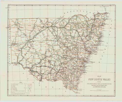 Map of New South Wales shewing stock routes, tanks and trucking stations, railways and telegraph lines, also territorial divisions / Department of Lands, Sydney, 1893