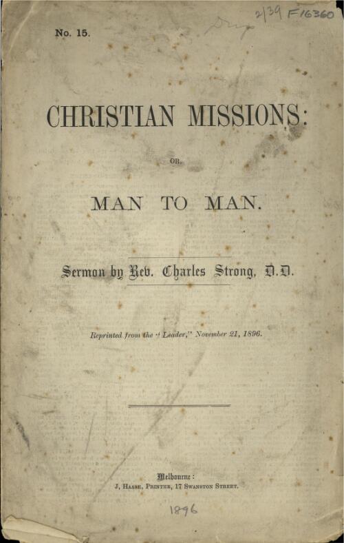 Christian missions, or, Man to man : sermon / by Charles Strong