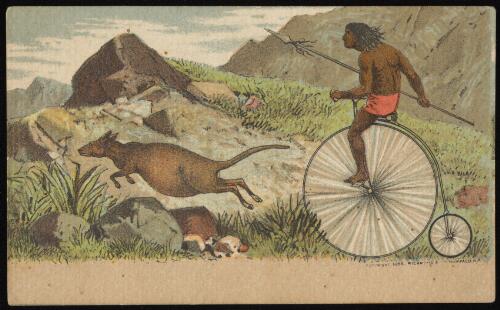 [An Aboriginal man hunting a kangaroo on a bicycle]