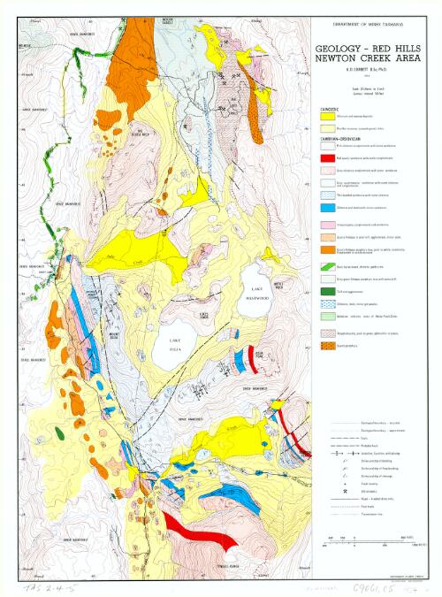 Geology, Red Hills Newton Creek area [cartographic material] / K.D. Corbett ; cartography D. Hardy ; Department of Mines Tasmania