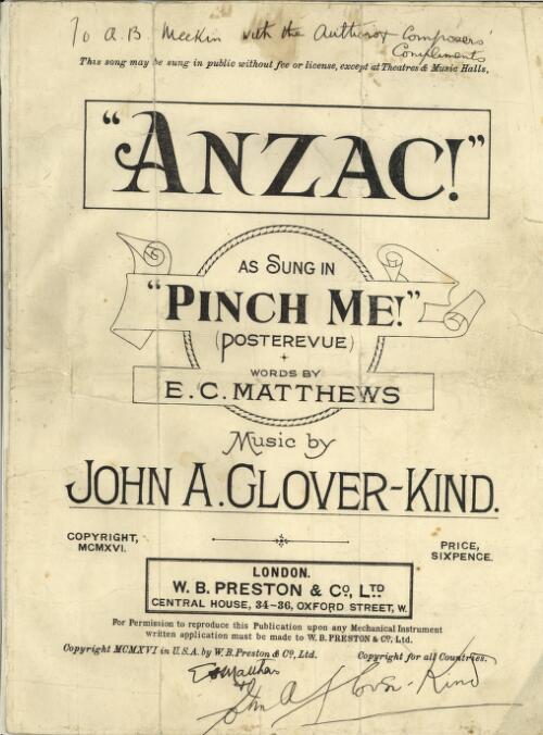 Anzac! : song / words by E. C. Matthews ; music by John A. Glover-Kind