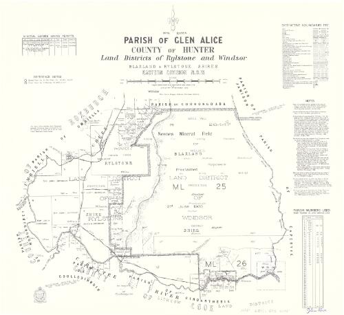 Parish of Glen Alice, County of Hunter [cartographic material] : Land Districts of Rylstone and Windsor, Blaxland & Rylstone Shires, Eastern Division N.S.W. / compiled, drawn & printed at the Department of Lands, Sydney, N.S.W