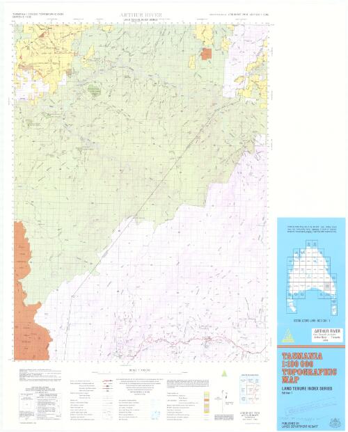 Tasmania 1:100 000 topographic map. : Land tenure index series. LTIS Sheet 7915,. Arthur River [cartographic material] / produced by the Mapping Division, Lands Department, Hobart