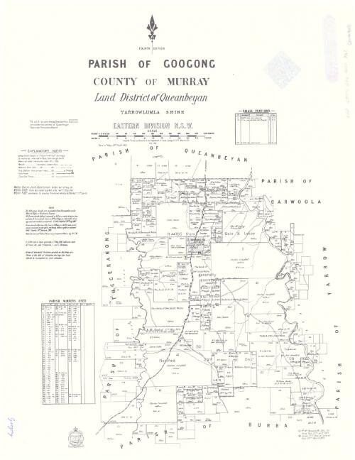Parish of Googong, County of Murray [cartographic material] : Land District of Queanbeyan, Yarrowlumba Shire, Eastern Division N.S.W. / compiled, drawn and printed at the Department of Lands, Sydney, N.S.W. March 1921