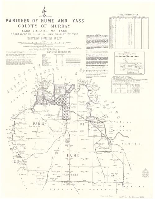 Parishes of Hume and Yass, County of Murray [cartographic material] : Land District of Yass, Goodradigbee Shire & Municipality of Yass, Eastern Division N.S.W. / compiled, drawn and printed at the Department of Lands, Sydney
