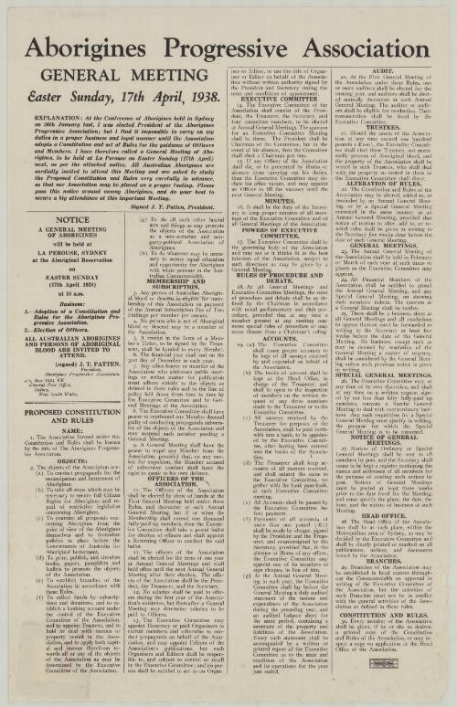 Aborigines Progressive Association General Meeting, Easter Sunday, 17th April, 1938
