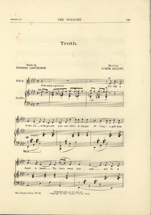 Troth / words by Hibbert Cawthorne ; music by Joseph Gillott