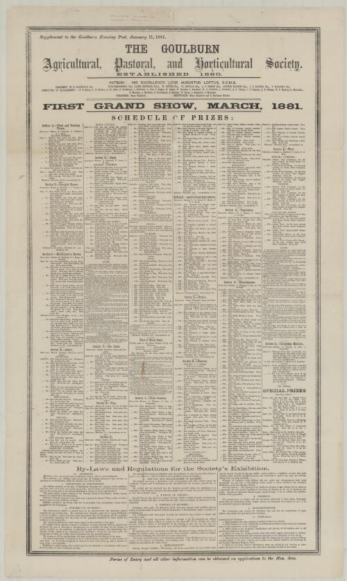 First grand show, March 1881 : schedule of prizes / The Goulburn Agricultural, Pastoral and Horticultural Society