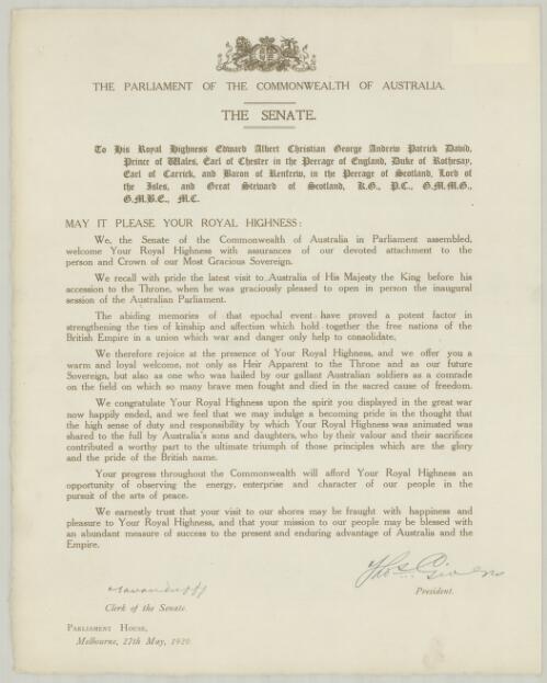 [Addresses to H.R.H Prince Edward, Prince of Wales upon his visit to Australia, 1920]