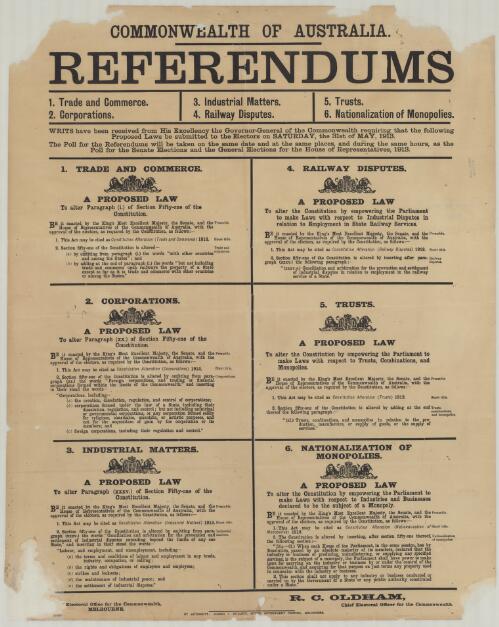Referendums : 1. Trade and commerce, 2. Corporations, 3. Industrial matters, 4. Railway disputes, 5. Trusts, 6. Nationalization of monopolies