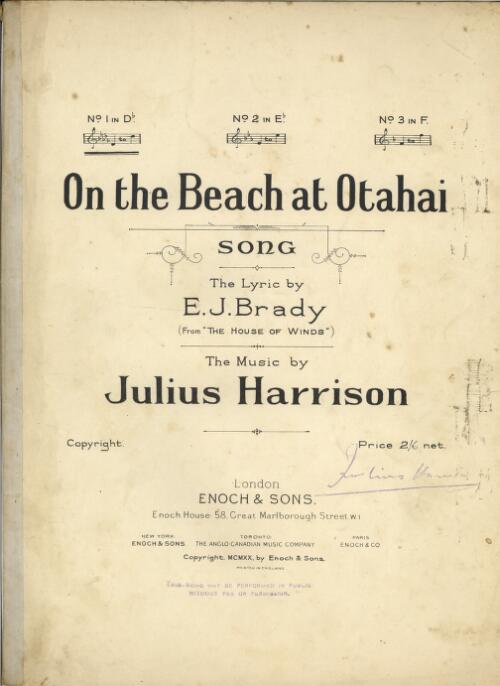 On the beach at Otahai : song / the lyric by E.J. Brady ; the music by Julius Harrison