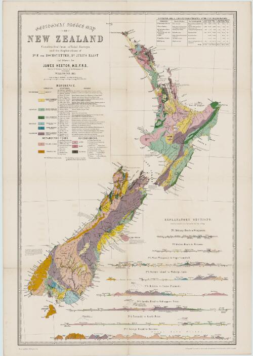 Geological sketch map of New Zealand constructed from official surveys and the explorations of Dr F. von Hochstetter, Dr Julius Haast and others [cartographic material] by James Hector M.D.F.R.S., Director of Geological Surveys to the Government of New Zealand ; drawn by A. Koch ; lithographed & printed in colours under the supervision of E. G. Ravenstein F.R.G.S. London