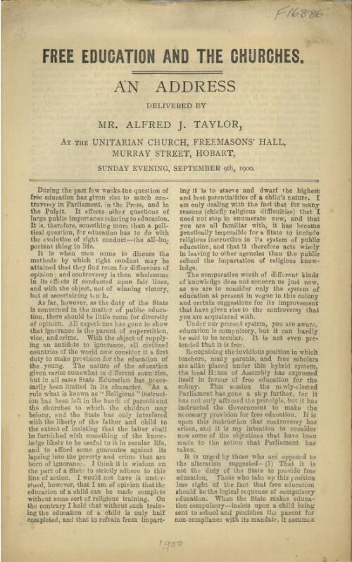 Free education and the churches : an address/ delivered by Alfred J. Taylor