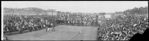 Panoramic view of the tennis match between Australasia and America at Double Bay, New South Wales, November 1909 / Kerry & Co