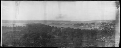 Panoramic view of Farm Cove, Garden Island, North Head and Bradley's Woolloomooloo Bay and Sydney Harbour from St Mary's Cathedral, Sydney, approximately 1908 / Kerry & Co