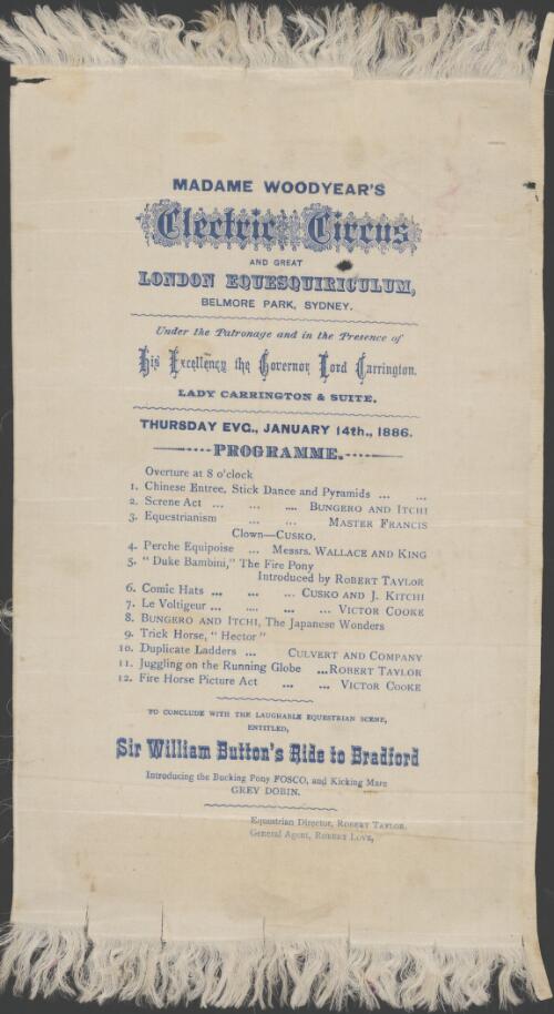 Madame Woodyear's electric circus and great London equesquiriculum, Belmore Park, Sydney ... : Thursday evg., January 14th, 1886 : programme