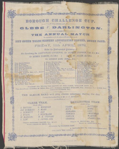 Borough Challenge Cup, Glebe v. Darlington : the annual match in connection with the above will take place on the New South Wales Cricket Association Ground, Moore Park, on Friday, 11th April, 1879