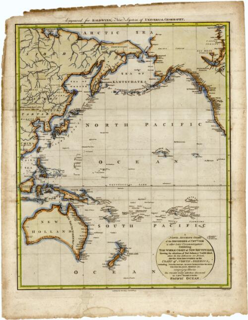 A new & accurate chart of the discoveries of Captn Cook & other later circumnavigators [cartographic material] : exhibiting the whole coast of New South Wales, shewing the situations of Port Jackson, & Norfolk Island, where the new settlements are formed ; also the new discoveries on the coast of North America, including Nootka Sound, Queen Charlottes Islands, the Fox Islands, Kishtac, &c. comprising likewise the Pelew Isles with discovered by Captn. Bligh &c. in the Pacific Ocean / T. Conder sculpt