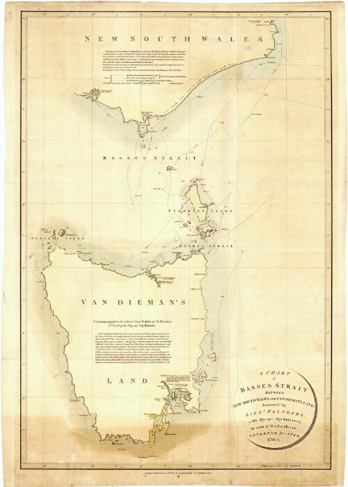 A chart of Basses Strait between New South Wales and Van-Diemen's Land [cartographic material] : surveyed by Lieut. Flinders of His Majesty's ship Reliance, by order of His Excellency Governor Hunter, 1798-9