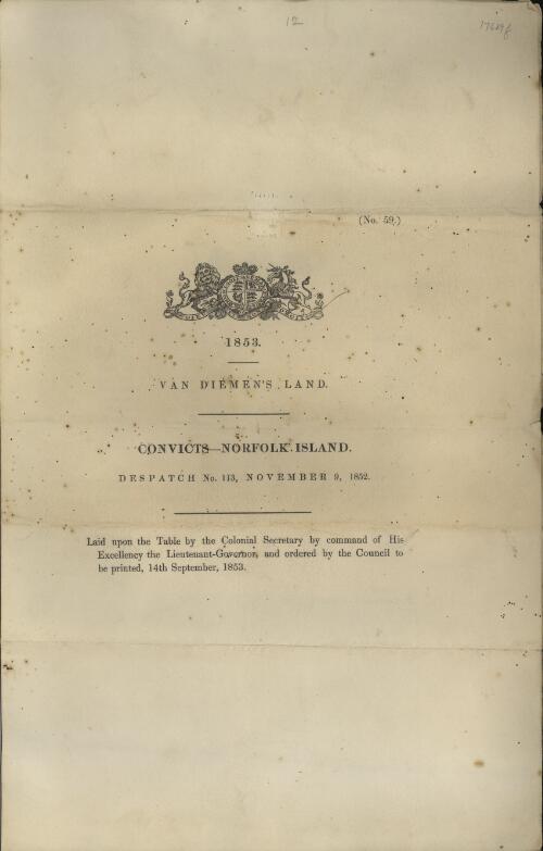 Convicts, Norfolk Island : despatch no. 113, November 9, 1852