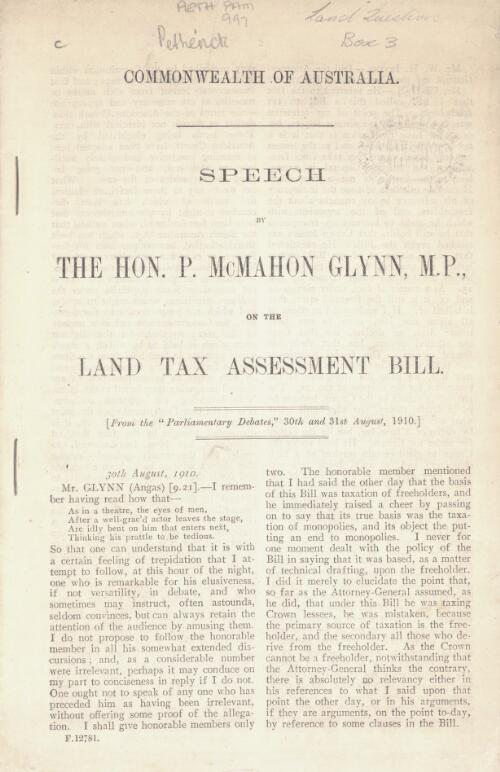 Speech by the Hon. P. McMahon Glynn, M.P., on the Land Tax AssessmentBill