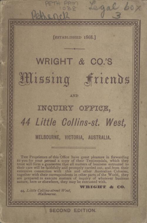 Wright & Co.'s inquiry & missing friends office, 44 Little Collins Street West, Melbourne, Victoria, Australia