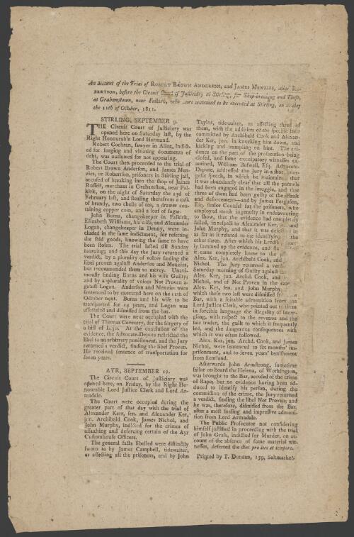 An account of the trial of Robert Brown Anderson and James Menzies alias Robertson before the Circuit Court of Judiciary at Stirling ... the 11th of October, 1811