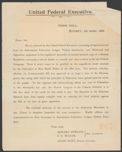 [Letter] 1899 Oct. 9, Town Hall, Sydney / United Federal Executive