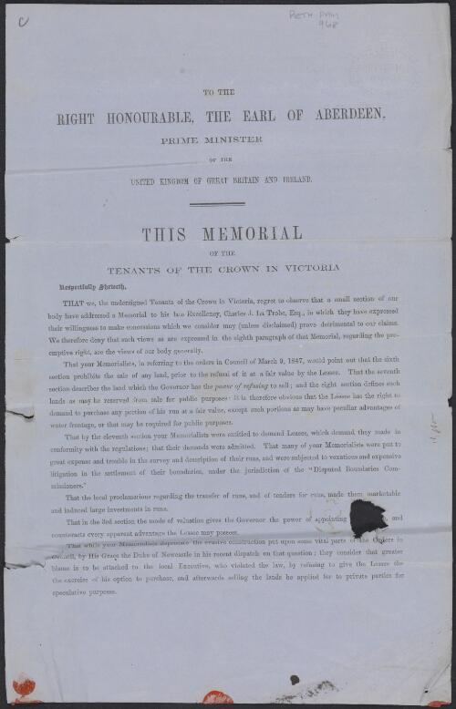 [Memorial from the tenants of the Crown in Victoria to the Earl of Aberdeen, Prime Minister of the United Kingdom of Great Britain and Ireland]