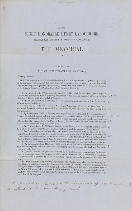 [Memorial on behalf of the Crown tenants of Victoria to the Right Honorable Henry Labouchere, Secretary of State for the Colonies]