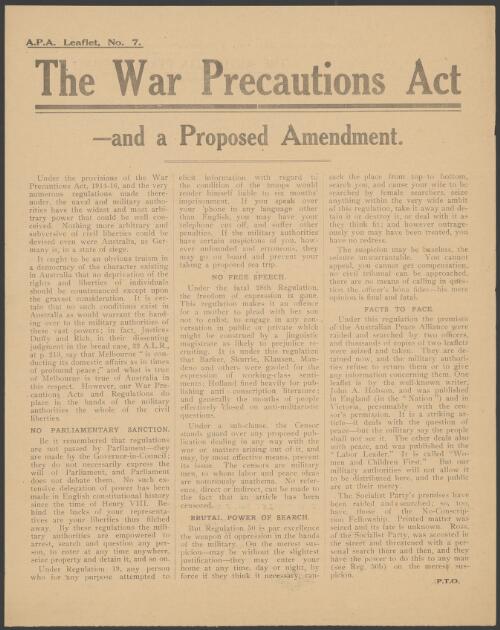 The War Precautions Act and a proposed amendment