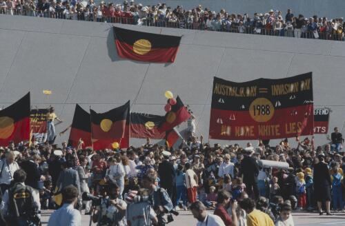Aboriginal Australian people protest at the Opening of Parliament House by the Queen, Canberra, 9 May 1988 / Ted Richards
