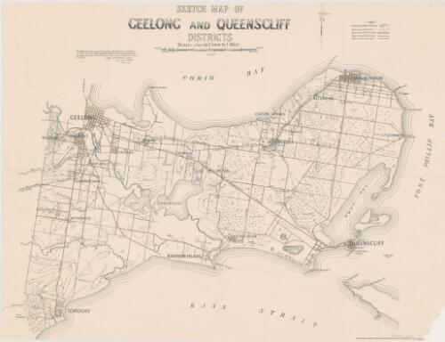 Sketch map of Geelong and Queenscliff districts [cartographic material] / compiled ... under the direction of the Australian Intelligence Corps, 3rd MD ; Photo-Lithographed at the Dept. of Lands and Survey, Melbourne, by W.J. Butson, 7.6.13