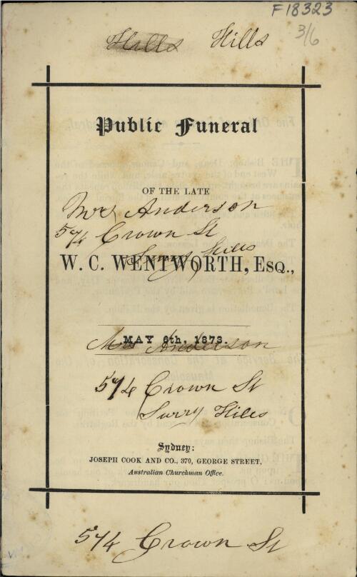 Public funeral of the late W.C. Wentworth, May 6th, 1873