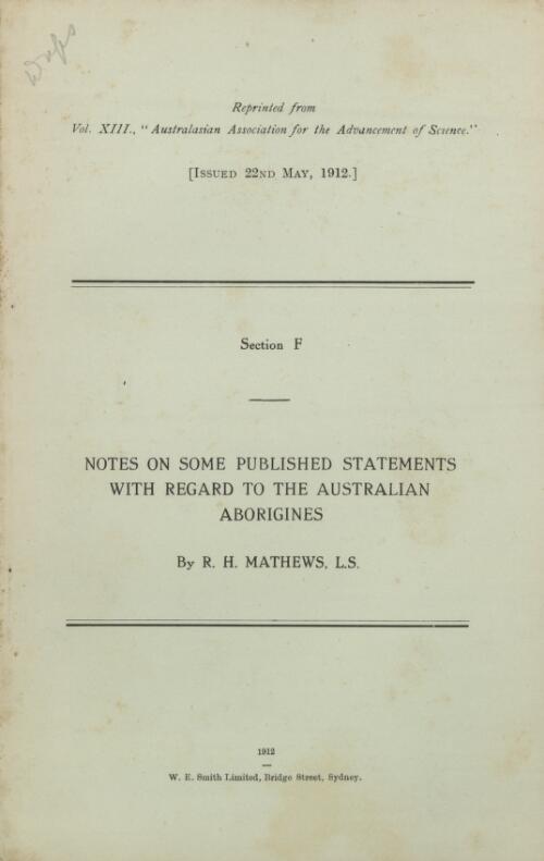 Notes on some published statements with regard to the Australian Aborigines / by R. H. Mathews